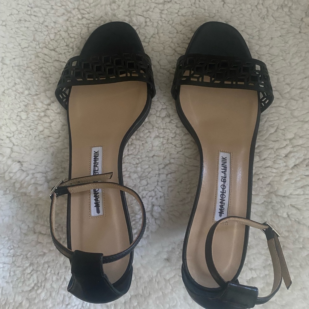 Manolo Blahnik Black Strappy Open-Toe Kitten Heel Sandals - Picture 4 of 5